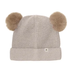 Beanie Wool Knit Pompoms, camel melange