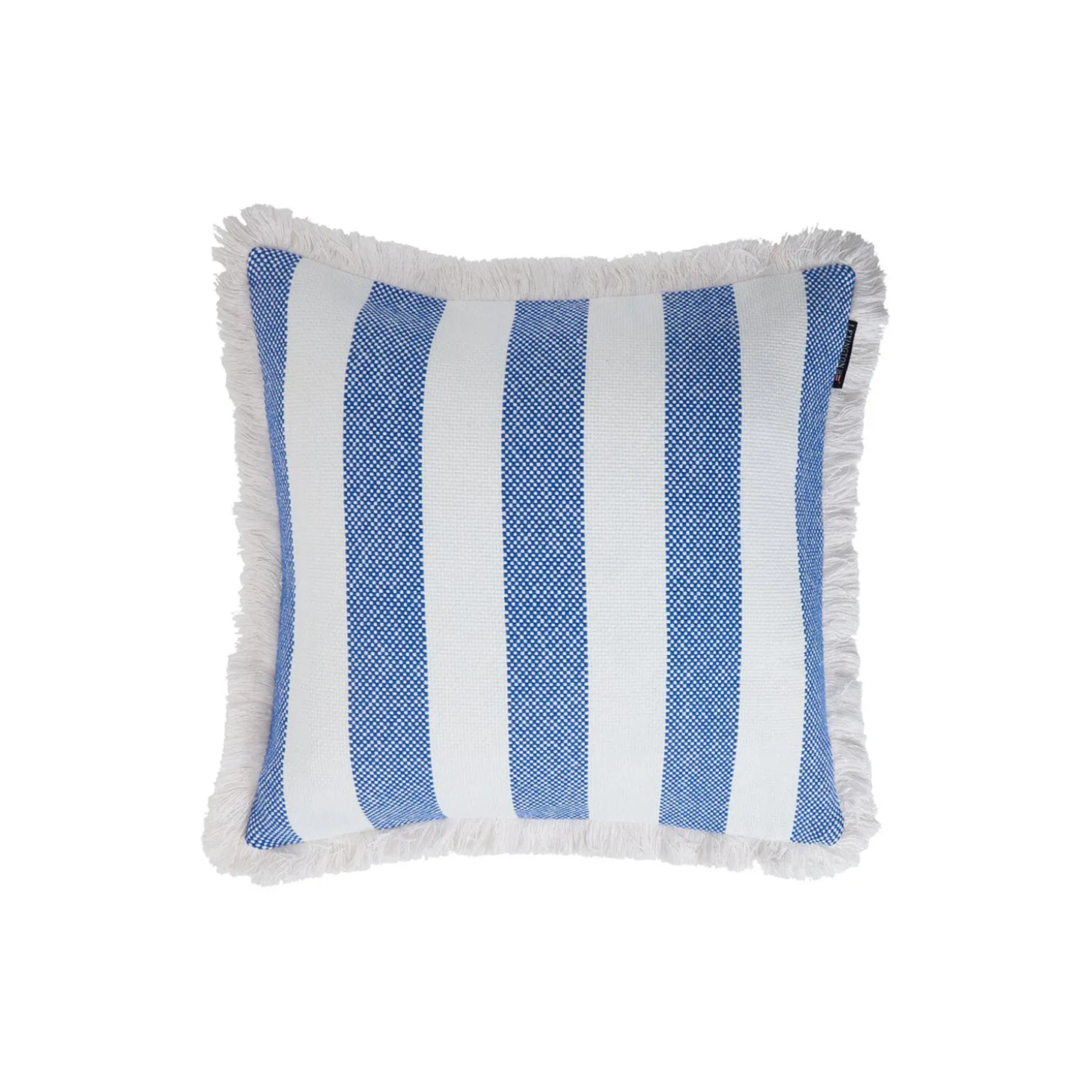 Blokstribet pudebetræk i økologisk bomuld med frynser, white/sea blue