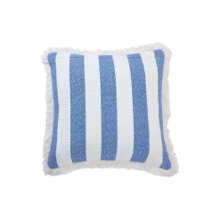 Blokstribet pudebetræk i økologisk bomuld med frynser, white/sea blue