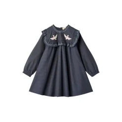 Checkered Dress w. Embroidery and Ruffle, brown/blue check comb.