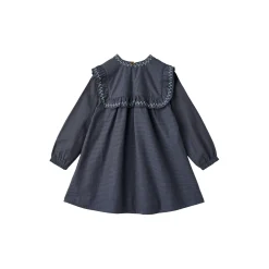 Checkered Dress w. Embroidery and Ruffle, brown/blue check comb.