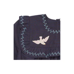 Checkered Dress w. Embroidery and Ruffle, brown/blue check comb.