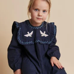 Checkered Dress w. Embroidery and Ruffle, brown/blue check comb.