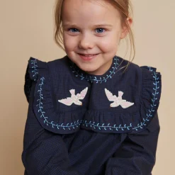 Checkered Dress w. Embroidery and Ruffle, brown/blue check comb.