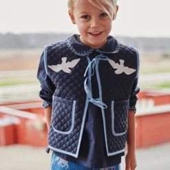 Checkered Quilted Vest w. Embroirdey, brown/blue check comb.