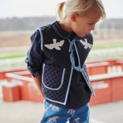 Checkered Quilted Vest w. Embroirdey, brown/blue check comb.