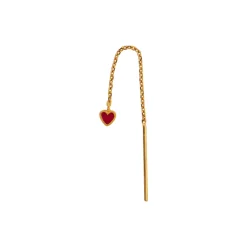 Dangling Love Heart Burgundy Enamel Earring Single, gold