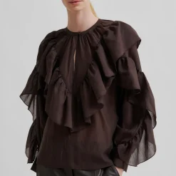 Fria Frill Blouse, chocolate plum