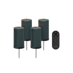Giftbox w. spike, remote, LED pillar candle 4-pack, pine green