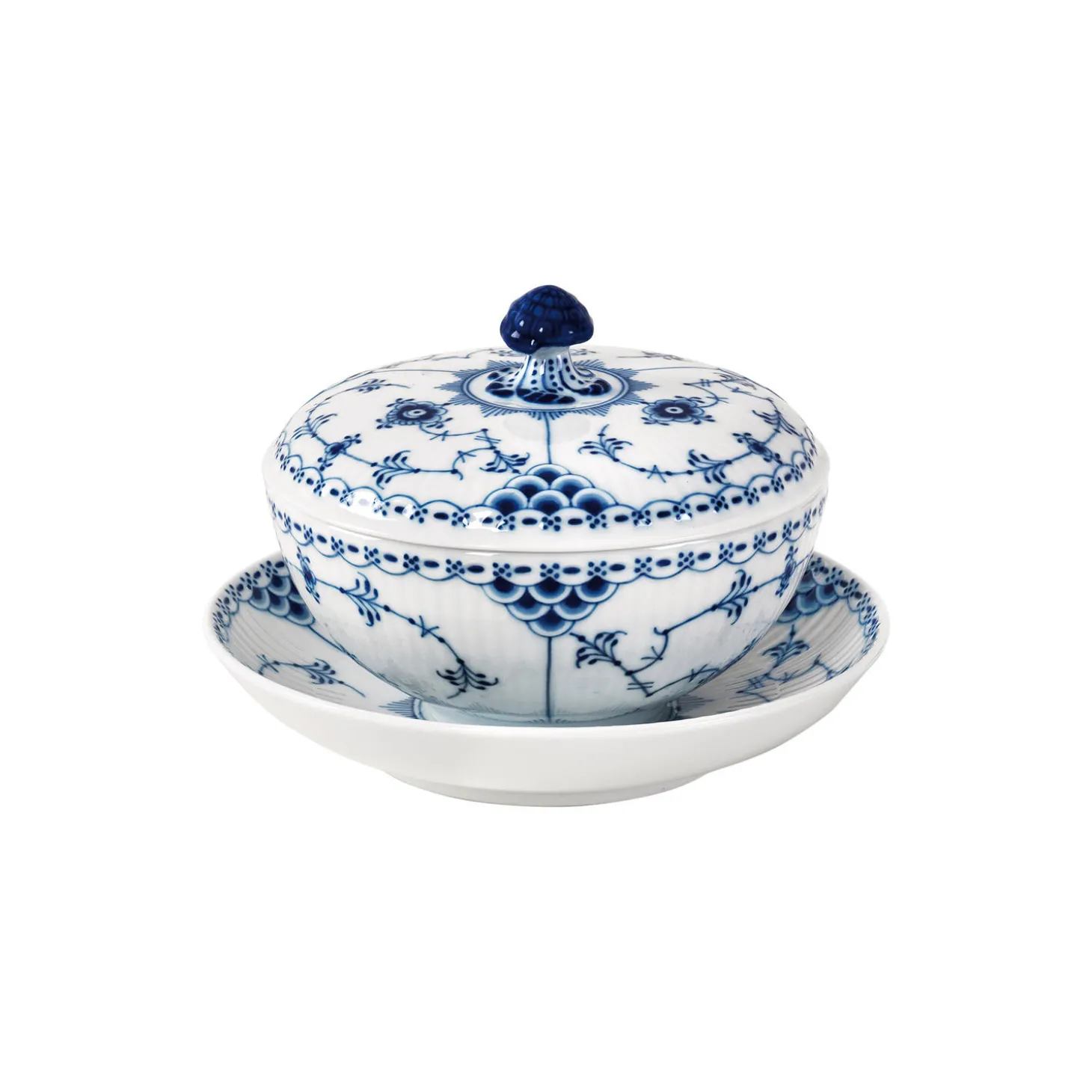 Musselmalet Halvblonde skål med låg og underkop 30 cl