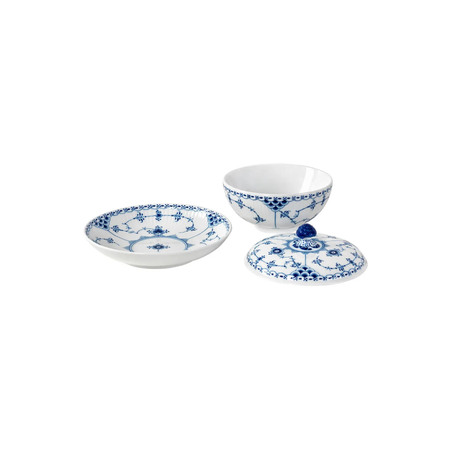 Musselmalet Halvblonde skål med låg og underkop 30 cl