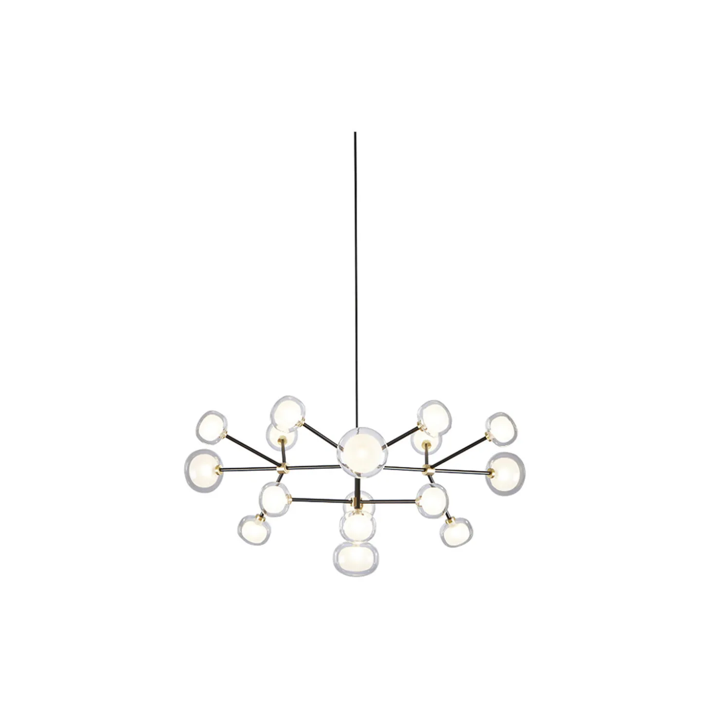 NABILA lysekrone, mat sort/børstet messing/klart glas