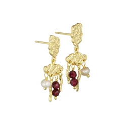 Øreringe med natursten og perle vedhæng, guld/rhodolit/garnet