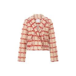 Short Checked Boucle Jacket, sunset red