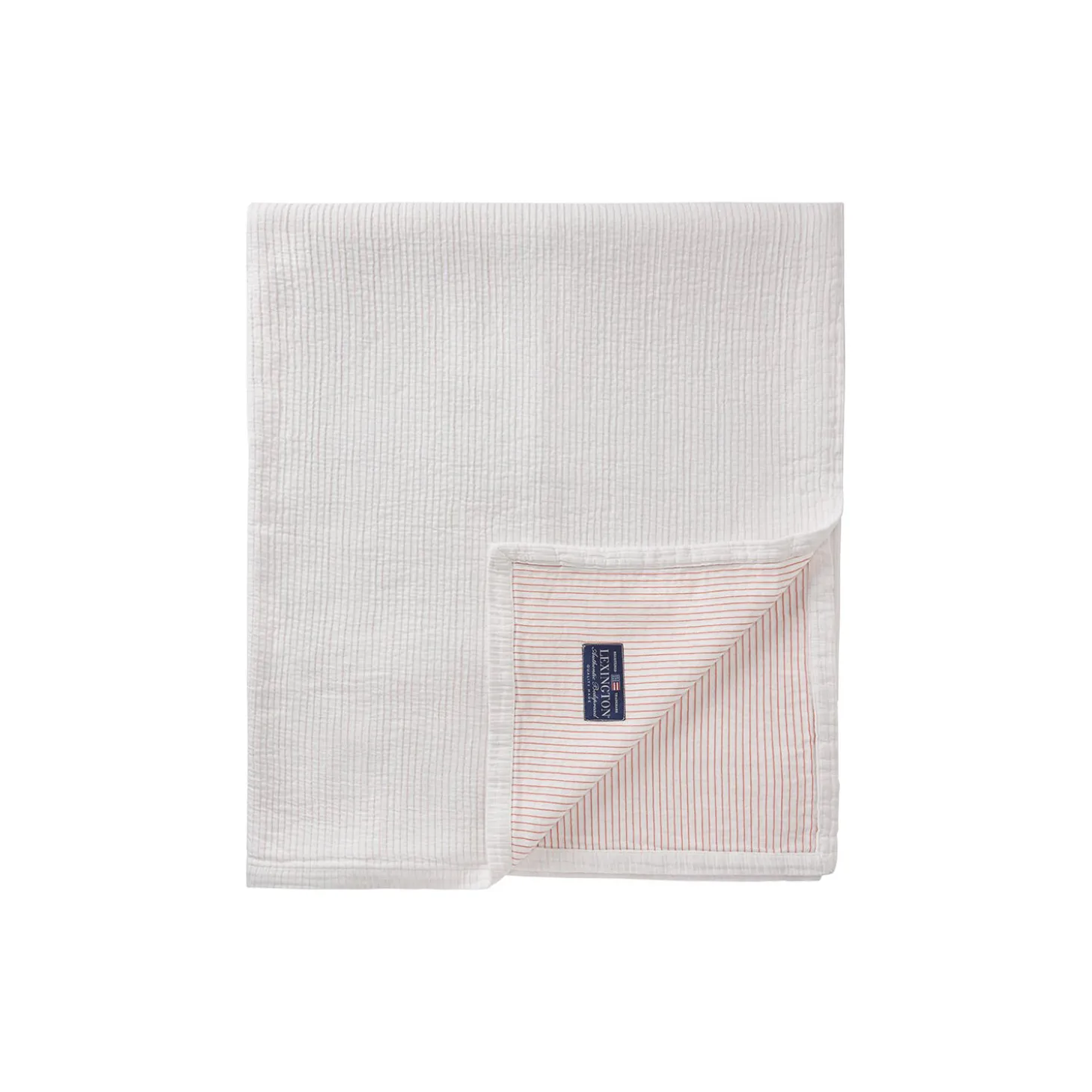 Stribet, vendbart sengetæppe i økologisk bomuld, white/coral