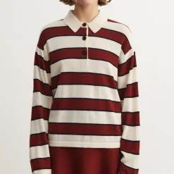 Striped Polo, ecru/cranberry