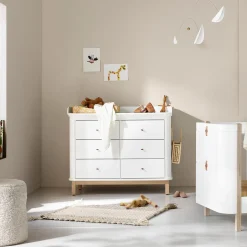 Wood puslekommode 6 skuffer med stor pusleplade, hvid/eg