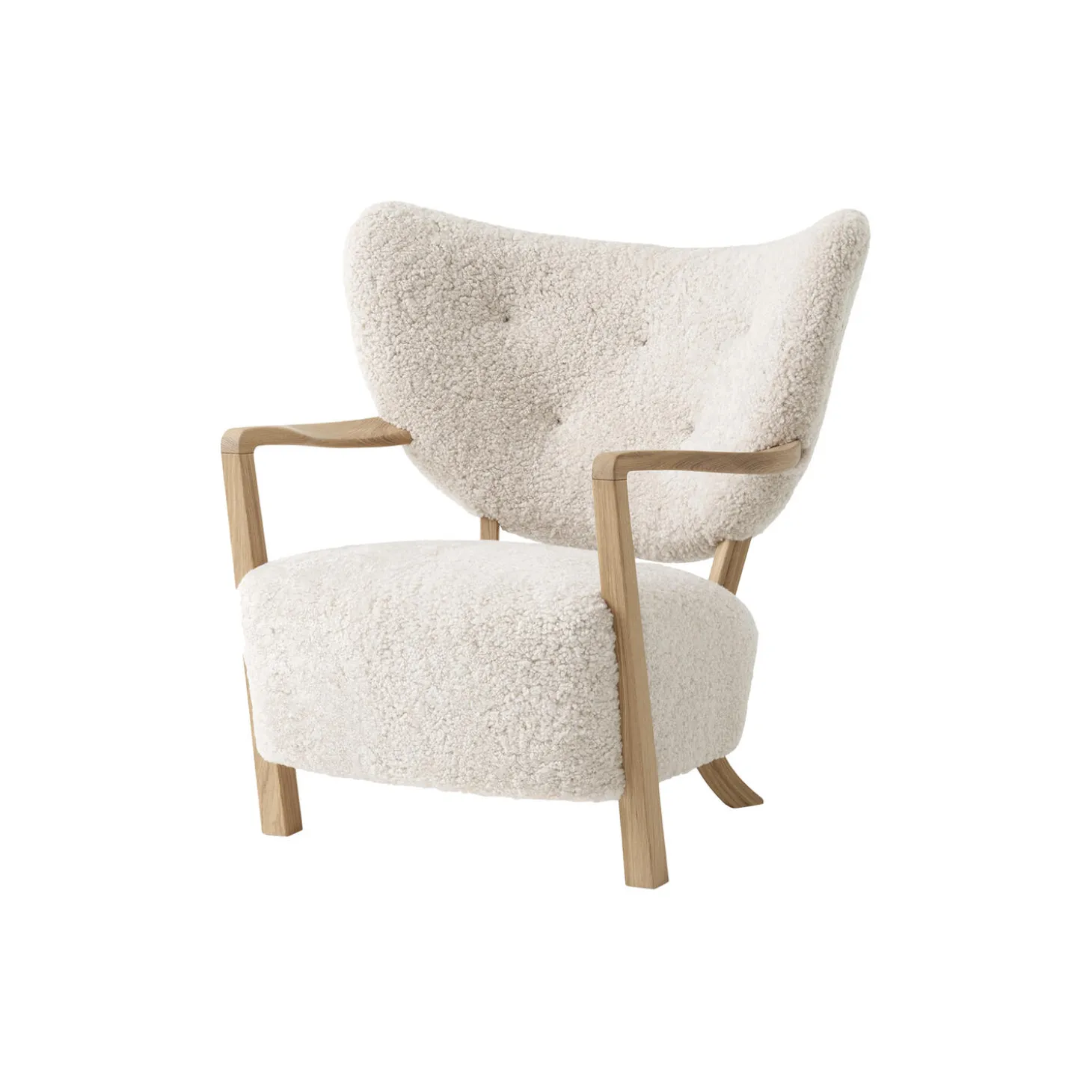 Wulff ATD2 Lounge Chair and ATD3 Pouf, sheepskin moonlight/oiled oak